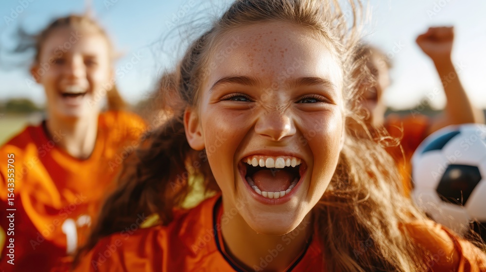 Fototapeta premium An enthusiastic girl in a soccer uniform, joyfully celebrating a goal with her teammates. This vibrant image captures the thrill and camaraderie found in team sports.