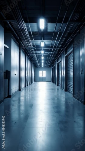 Long corridor in dim light with pipes, window and storage units receding in perspective, creating a somber and industrial mood.