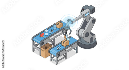 Automated assembly line with robotic arm sorting items on conveyor belts for industrial manufacturing isometric style vector illustration