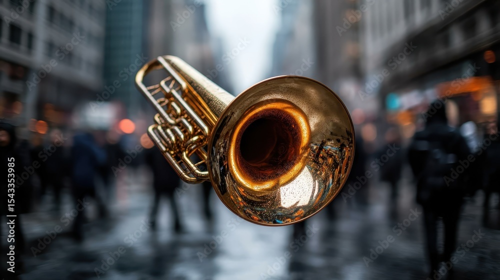 Fototapeta premium A gleaming brass trumpet floats in a bustling city street, capturing the vibrancy of urban life and music culture, blending nature and city in a unique artistic manner.