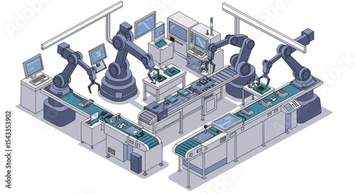 Automated manufacturing line with robotic arms in a modern factory setting isometric style vector illustration
