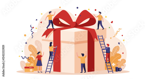 Teamwork and celebration concept with gift box and people decorating for party or special occasion isometric style vector illustration