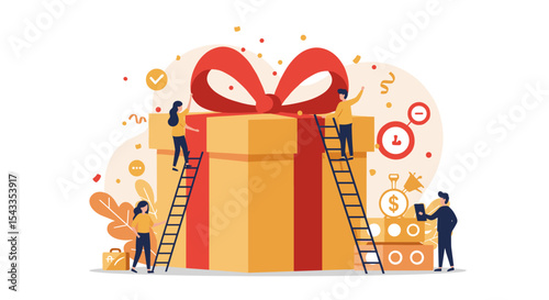 Team collaboration for effective gift planning and organization isometric style vector illustration