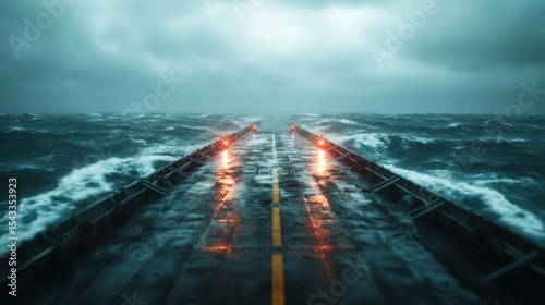 A dramatic view of a pier extending into a turbulent sea under stormy skies, capturing the raw power and unpredictability of nature's elements during inclement weather.