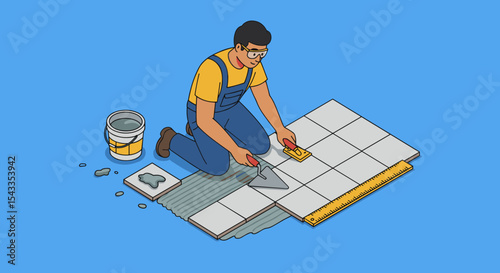 Man laying tiles on floor in overalls with tools and measuring ruler on blue background isometric style vector illustration