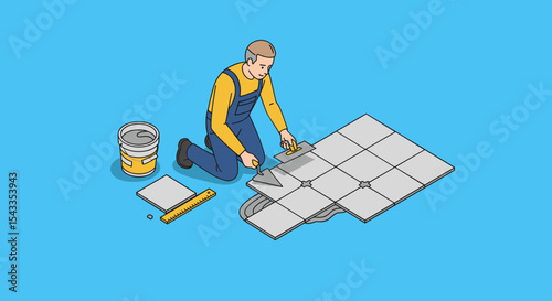 Home renovation process with tiling work - illustration of a man installing floor tiles isometric style vector illustration
