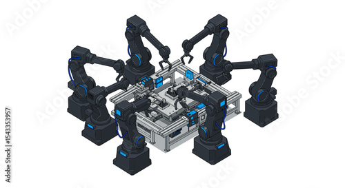 Futuristic robot arm assembly line with advanced automation technology isometric style vector illustration