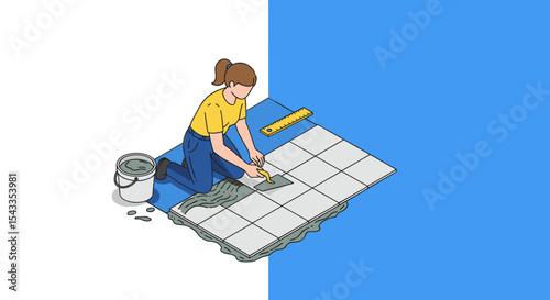 Woman performing diy tile installation with measuring tools for home improvement and interior design isometric style vector illustration