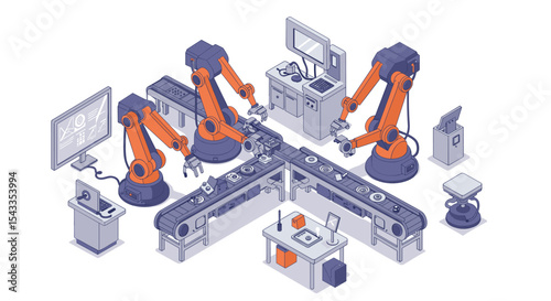 Automated industrial robotics and conveyor system for modern manufacturing processes isometric style vector illustration