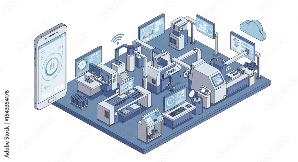 Obraz premium Smart factory automation and iot technology in a modern manufacturing environment isometric style vector illustration