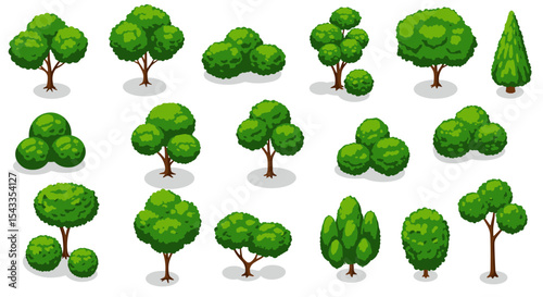 Varieties of cartoon green trees for landscape design and decoration isometric style vector illustration