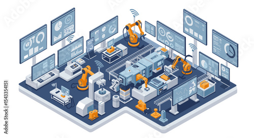 Advanced industrial automation in a smart factory setting with robotic arms and data analytics isometric style vector illustration