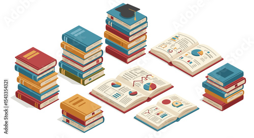 Academic learning and data analysis with open books and graphs for educational design isometric style vector illustration