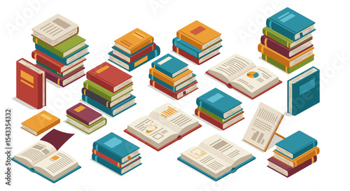 Colorful book collection for education and learning design projects isometric style vector illustration