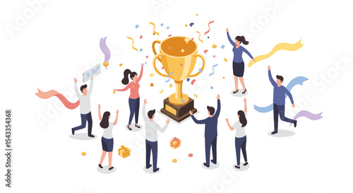 Team celebration with a golden trophy and confetti in a corporate event isometric style vector illustration