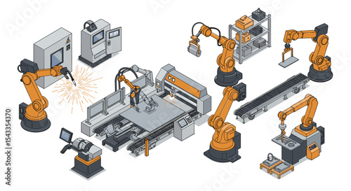 Industrial automation scene with robotic arms and manufacturing equipment for production design isometric style vector illustration