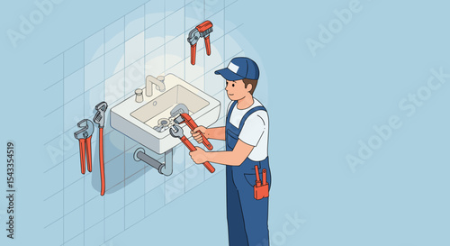 Plumbing maintenance and repair with professional tools isometric style vector illustration