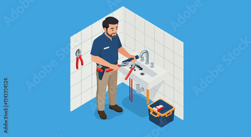 Plumber fixing a sink in a bathroom - concept of plumbing maintenance and repair services isometric style vector illustration
