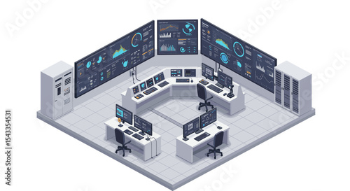 Modern control room with advanced technology and data analysis displays isometric style vector illustration