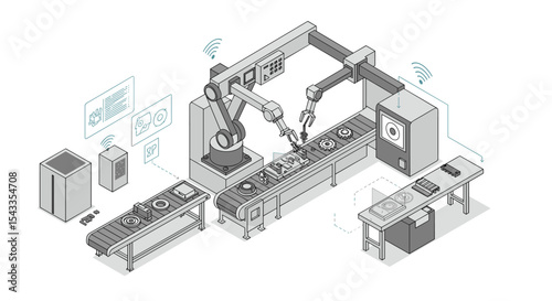 Automated robotic assembly line for futuristic smart manufacturing and industry technology isometric style vector illustration