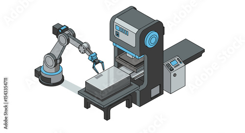 Automated robotic arm operating a high-tech industrial machine for manufacturing efficiency isometric style vector illustration