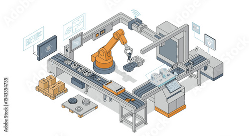 Automated industrial production line with robotic arm and conveyor belt technology isometric style vector illustration
