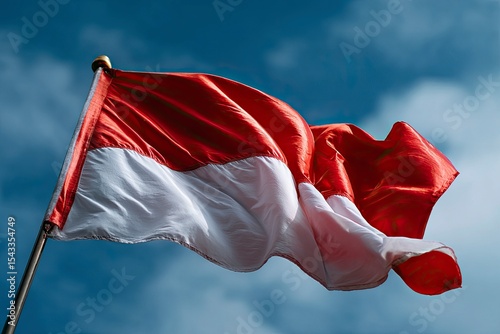 Indonesian flag waving in the wind against a cloudy sky