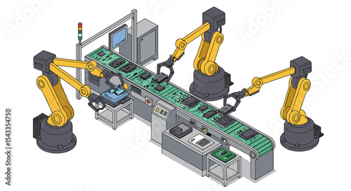 Automated robotics assembly line for electronic device manufacturing in modern factory isometric style vector illustration