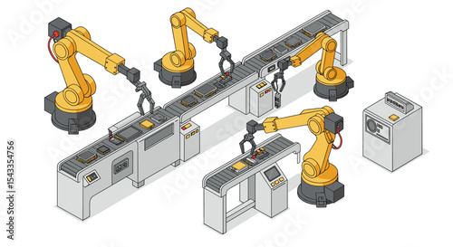 Automated robotics in manufacturing process with assembly line and robotic arms isometric style vector illustration