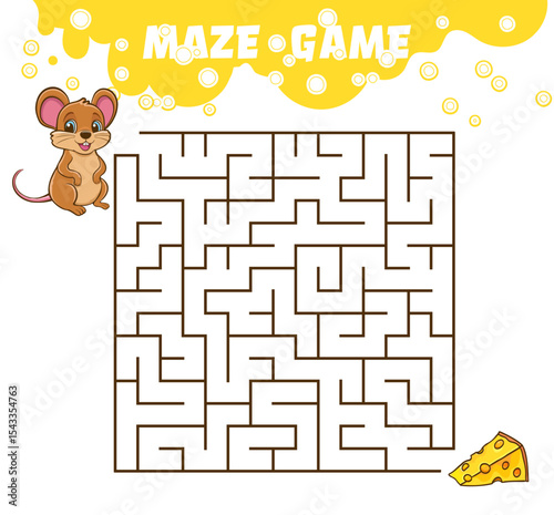 A square maze, find a path for cartoon mouse to reach the cheese through the maze.
