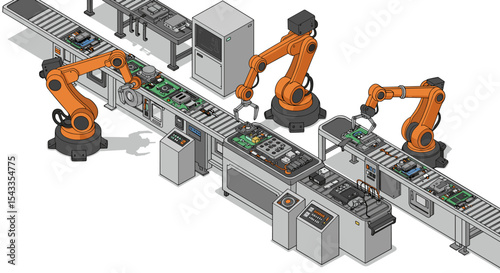 Automated assembly line with robotic arms and conveyor belts for industrial manufacturing isometric style vector illustration