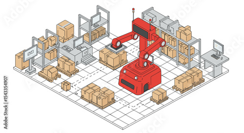 Automated warehouse with robotic arm for efficient sorting and packaging isometric style vector illustration