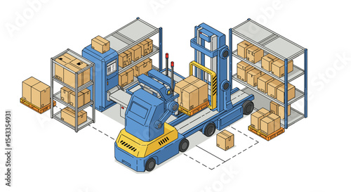 Automated warehouse logistics with robotic forklift and storage shelving for efficient inventory management isometric style vector illustration