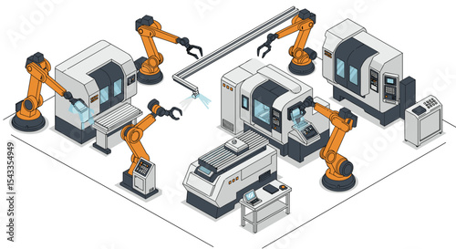 Automated industrial robotics factory with high tech machinery and robotic arms for advanced manufacturing isometric style vector illustration