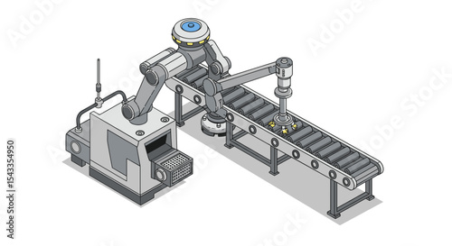Automated robotic arm operating on production conveyor belt in industrial setting isometric style vector illustration