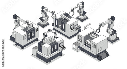 Industrial automation: robotic arms and cnc machines for advanced manufacturing solutions isometric style vector illustration