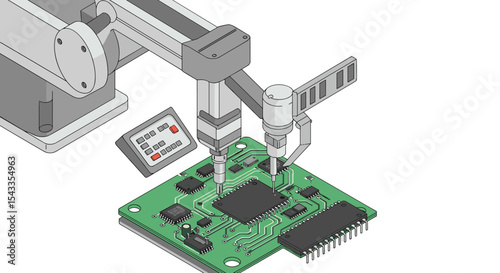 Automated robotic arm soldering electronic circuit board for technology innovation isometric style vector illustration