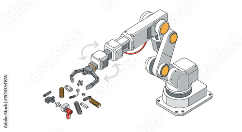 Industrial robotic arm with mechanical components for automation design isometric style vector illustration