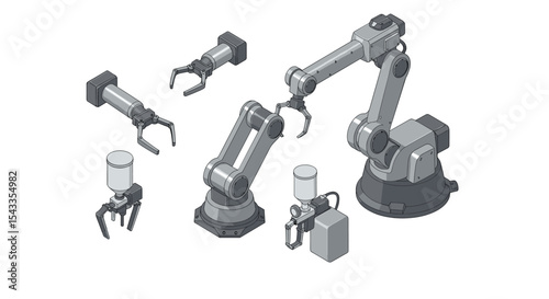Industrial robotic arms and grippers for automation in manufacturing design isometric style vector illustration