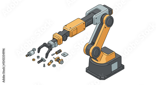 Mechanical robot arm with disassembled parts for industrial automation design isometric style vector illustration