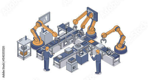 Automated manufacturing assembly line with robotic arms and engineers in high tech factory setting isometric style vector illustration