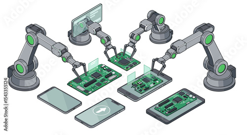 Robotics in circuit board assembly for automated electronics manufacturing isometric style vector illustration