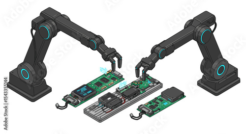 Robotic arms assembling circuit boards: innovation in automated technology isometric style vector illustration