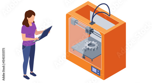 Female engineer operating 3d printer with gear design for manufacturing and prototyping isometric style vector illustration
