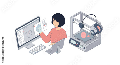 Female designer working on 3d printing project at computer workstation isometric style vector illustration