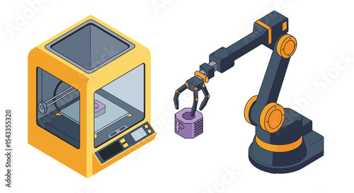Futuristic 3d printing and robotics technology concepts for innovation and design isometric style vector illustration