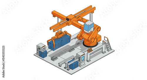 Industrial automation with robotic arm in factory setting for technological advancement design isometric style vector illustration