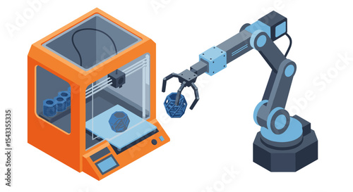 Advanced 3d printing and robotic arm technology for manufacturing innovation isometric style vector illustration