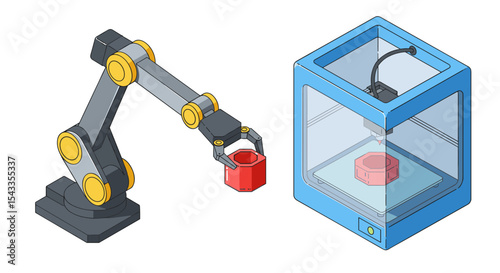 Innovative technology in manufacturing with robotic arm and 3d printer for modern industry design isometric style vector illustration