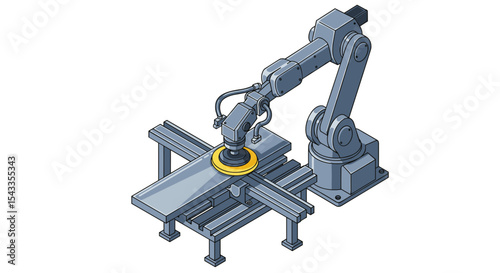 Automated industrial robot arm assembling mechanical component in factory setting isometric style vector illustration